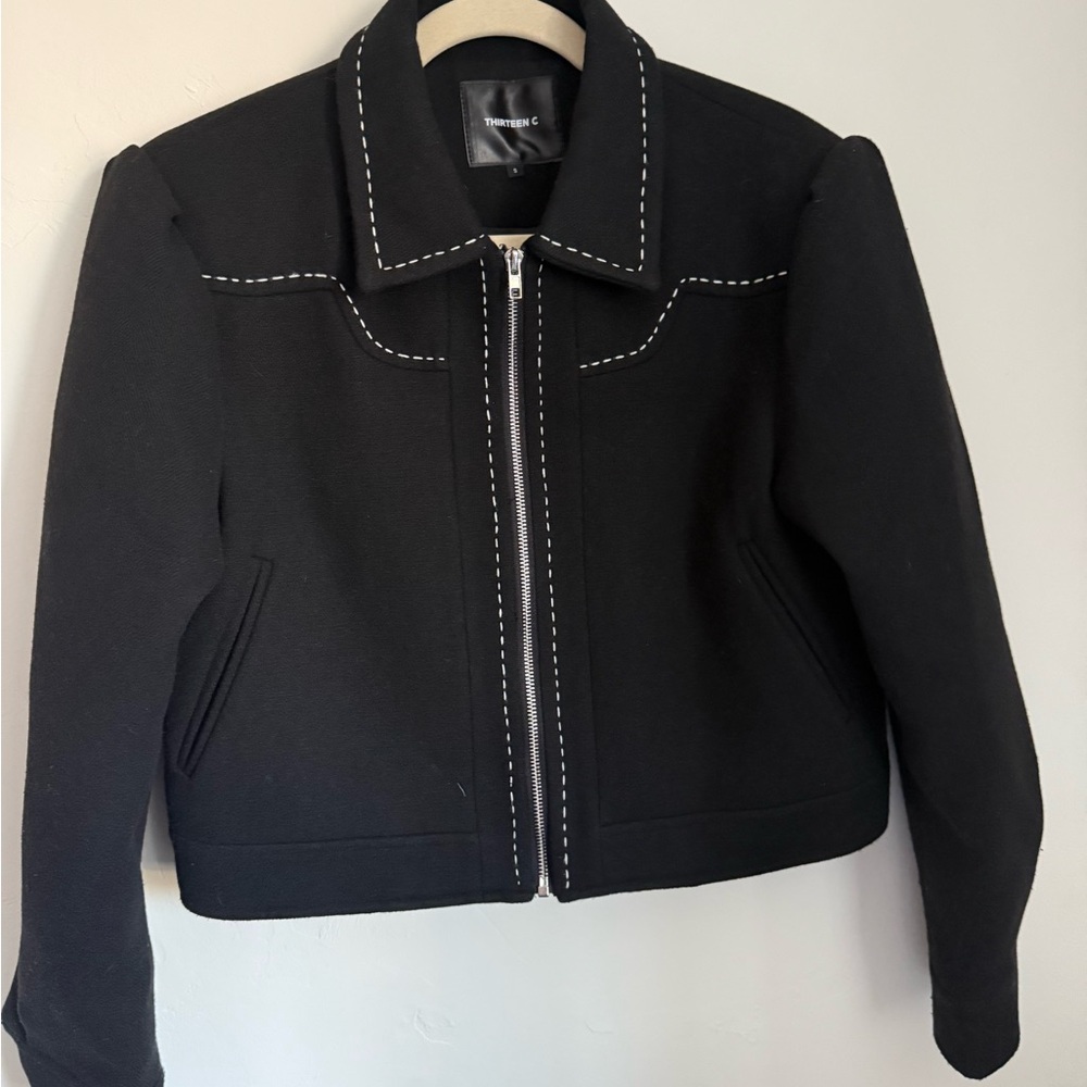 Black Slightly Cropped Jacket with White Contrast Stitching